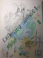 III miejsce- Małgorzata Szewczyk 1d; Plakat z hasłem "Daj jej szansę". Kompozycja po przekątnej dzieli ziemię na część zanieczyszczoną, uprzemysłowioną (narysowaną ołówkiem) i ekologiczną, z symbolami odnawialnych źródeł energii (kolorową).