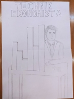 Wyróżnienie: Człowiek w krawacie siedzący przy biurku, na biurku słupki przypominające wykres statystyczny. Napis „Technik Ekonomista”.