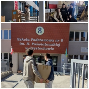 Kolaż- Uczniowie ZSE w trakcie dostarczania darów dla Ukrainy