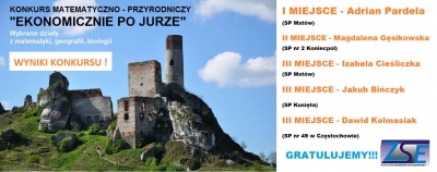 Zamek w Olsztynie z informacją o wynikach konkursu jak w opisie i logiem ZSE