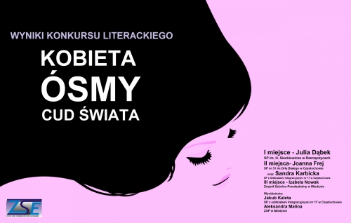 Plakat z napisem Wyniki Konkursu Literackiego Kobieta Ósmy Cud Świata